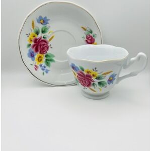 Floral Rose Teacup Saucer Porcelain Cottagecore Tea Party Cup White Gold Trim